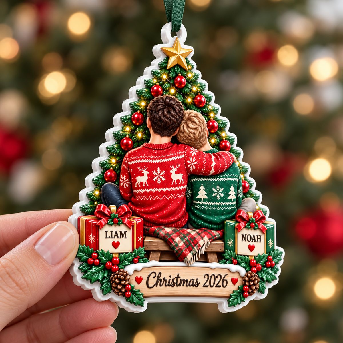 Couple Sitting by Christmas Tree Acrylic Hanging Plaque - 3D Relief Ornament