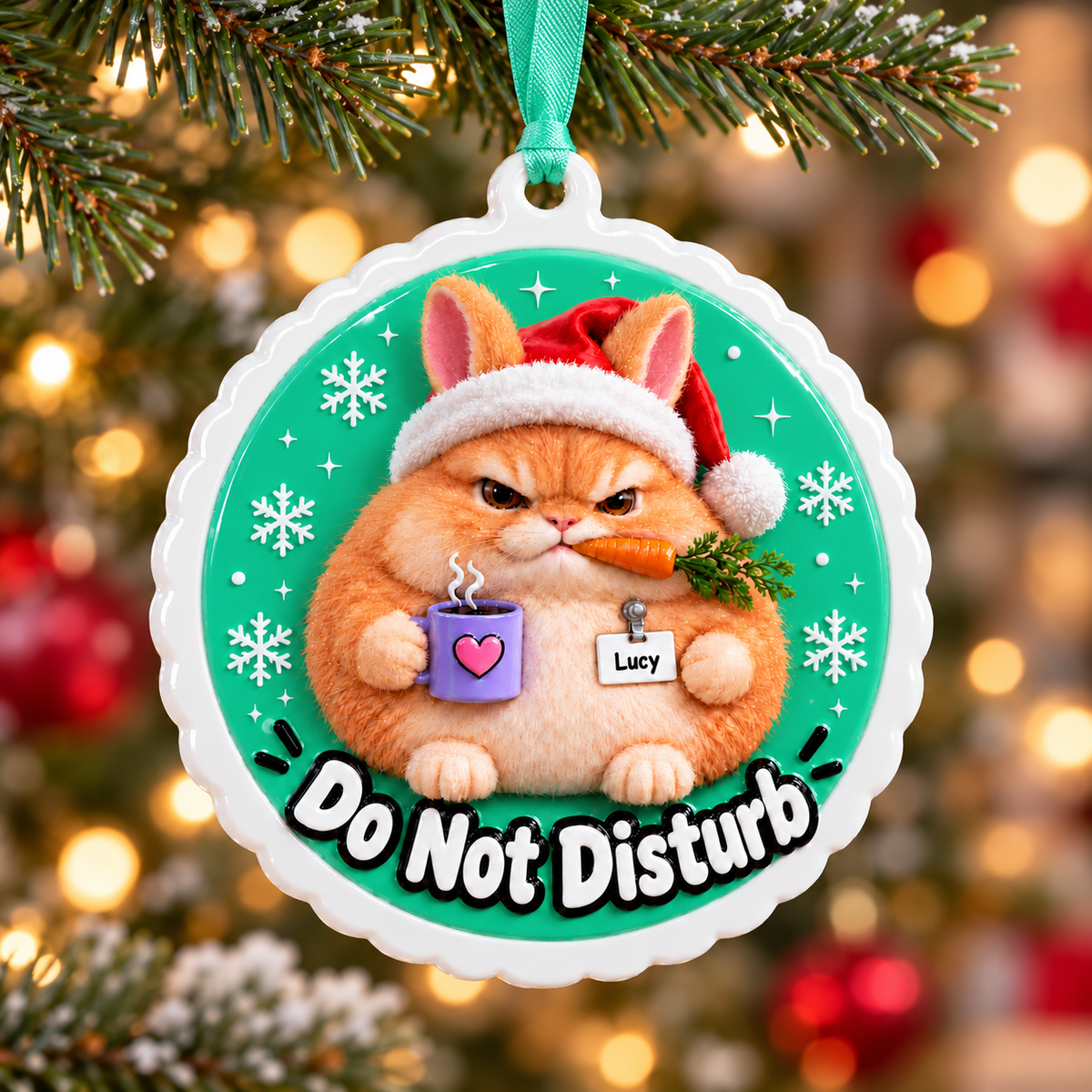 Grumpy Fluffy Bunny in Santa Hat with Coffee Cup Medallion - 3D Relief Ornament