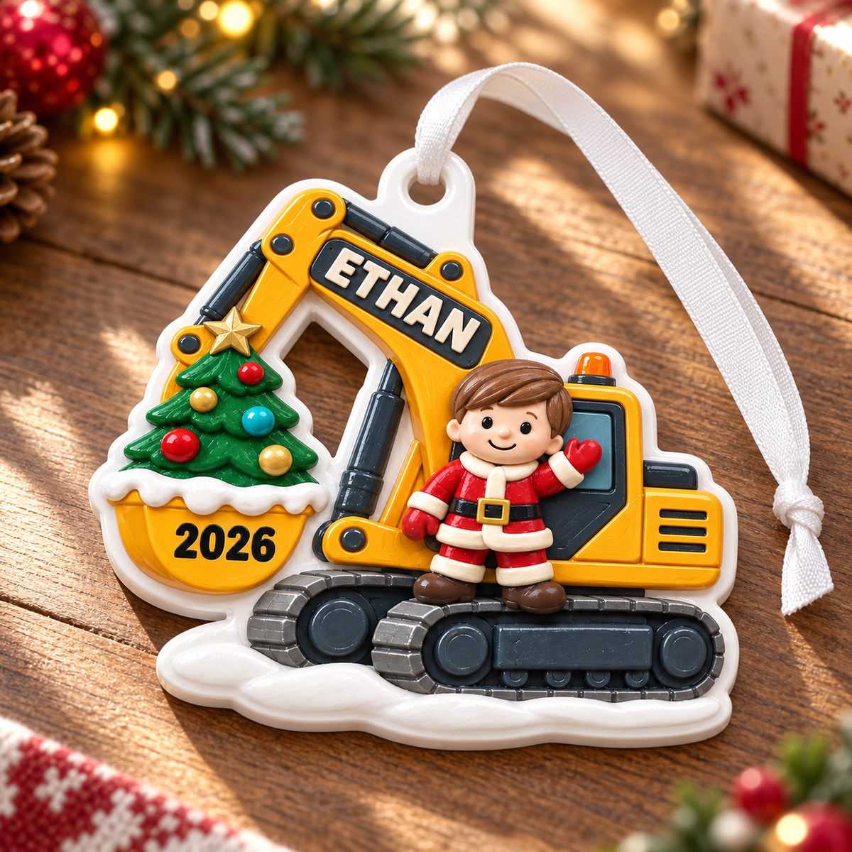 Yellow Excavator Construction Vehicle with Santa Boy and Christmas Tree - 3D Relief Ornament