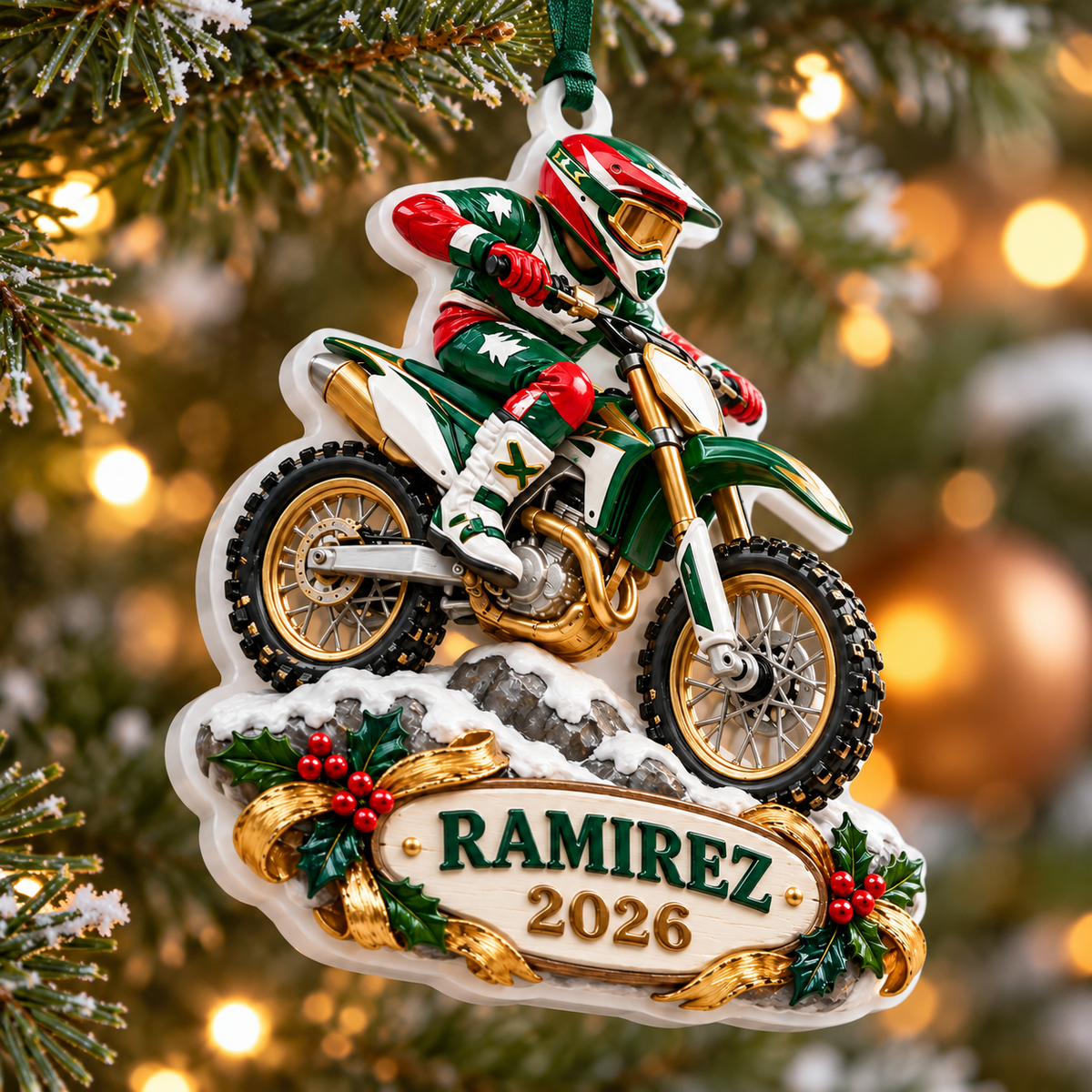Motocross Dirt Bike Rider with Festive Banner and Holly - 3D Relief Ornament