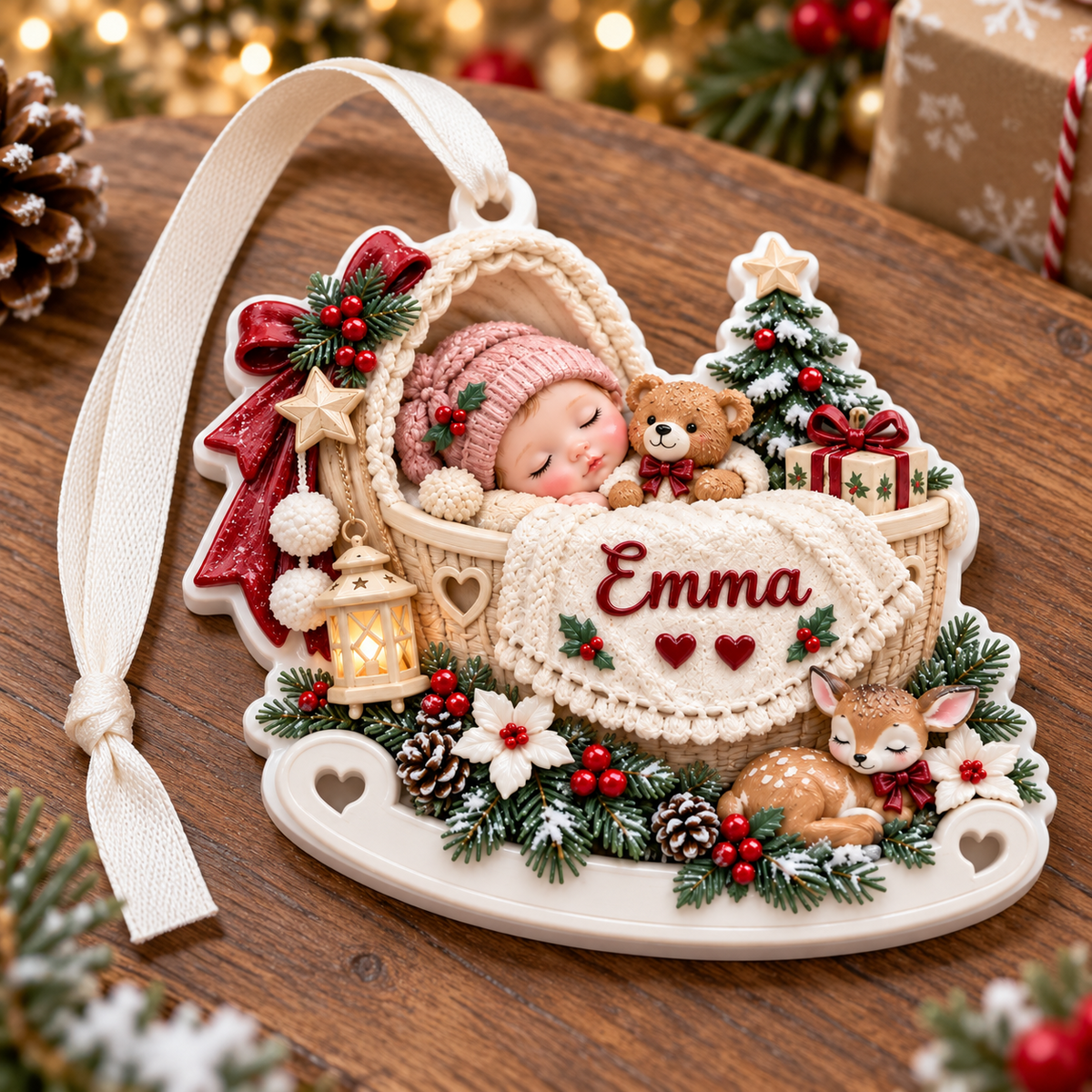 Sleeping Baby in Rocking Cradle with Woodland Fawn and Pine Accents ...