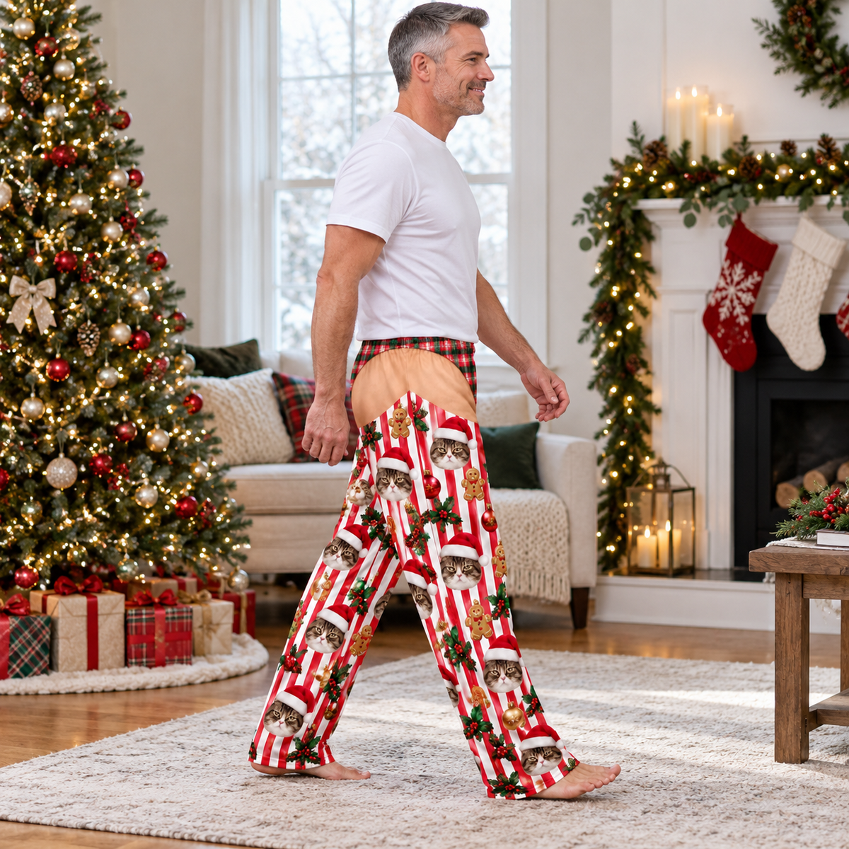 Christmas Pajama Pants with Thong Print and Holiday Dog Face Pattern
