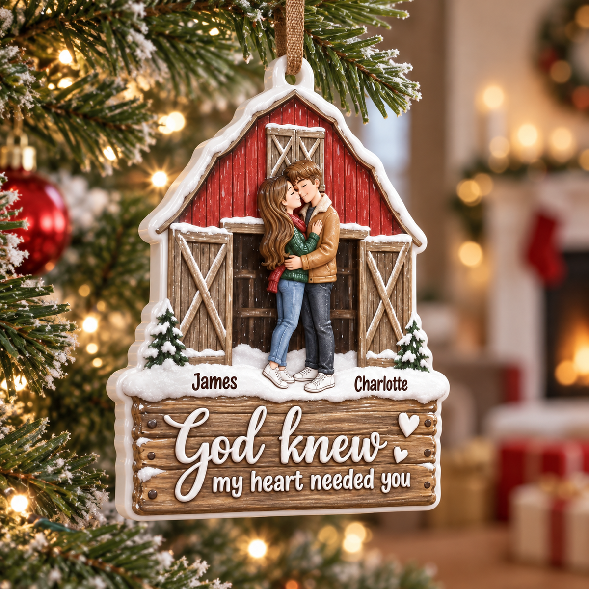 Couple Christmas Keepsake, Rustic Red Barn Farmhouse Holiday Hanging Decor - 3D Relief Ornament