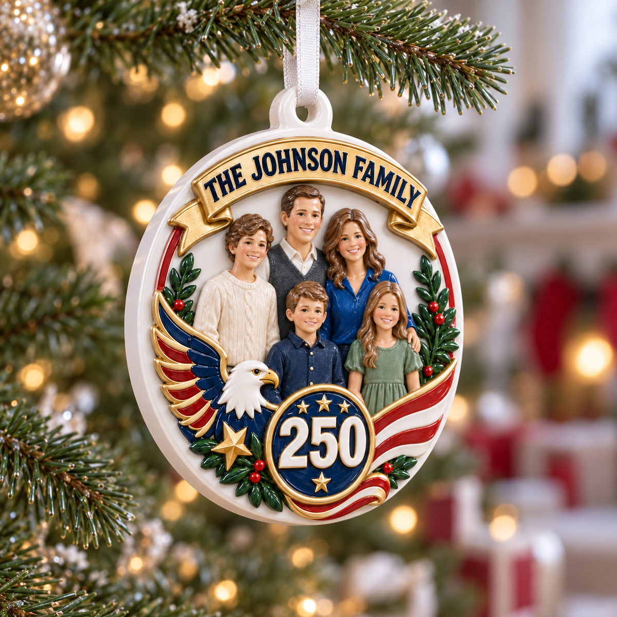 Christmas Tree Hanging Medallion Patriotic American 250 Family Portrait - 3D Relief Ornament