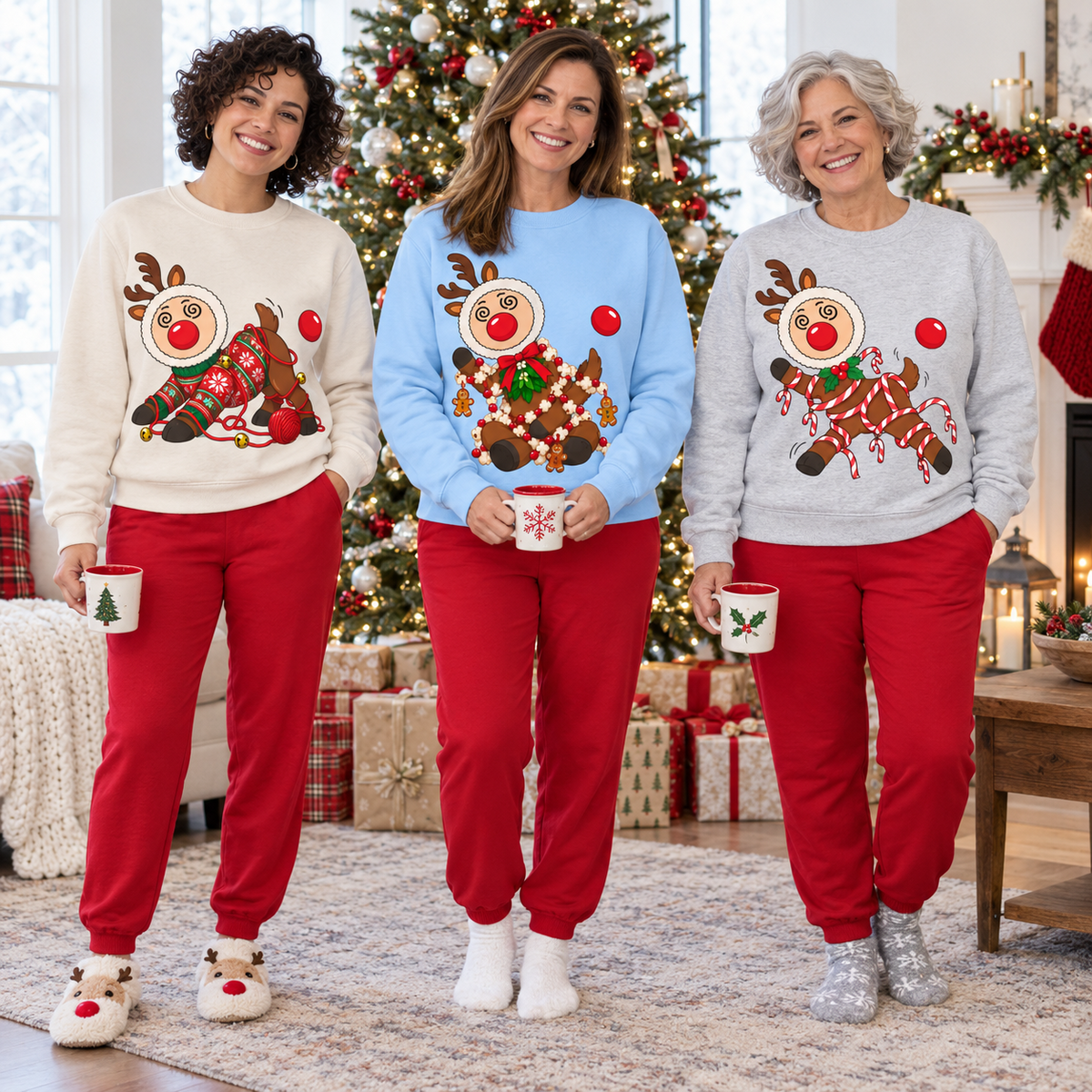 Tangled Reindeer Christmas Sweatshirt, Funny Graphic Crewneck Top