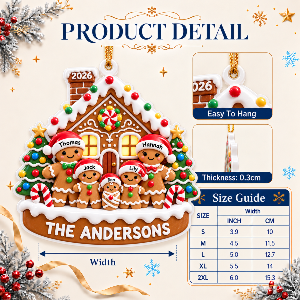 Gingerbread House Family of Five Holiday Tree Hanging Decoration - 3D Relief Ornament