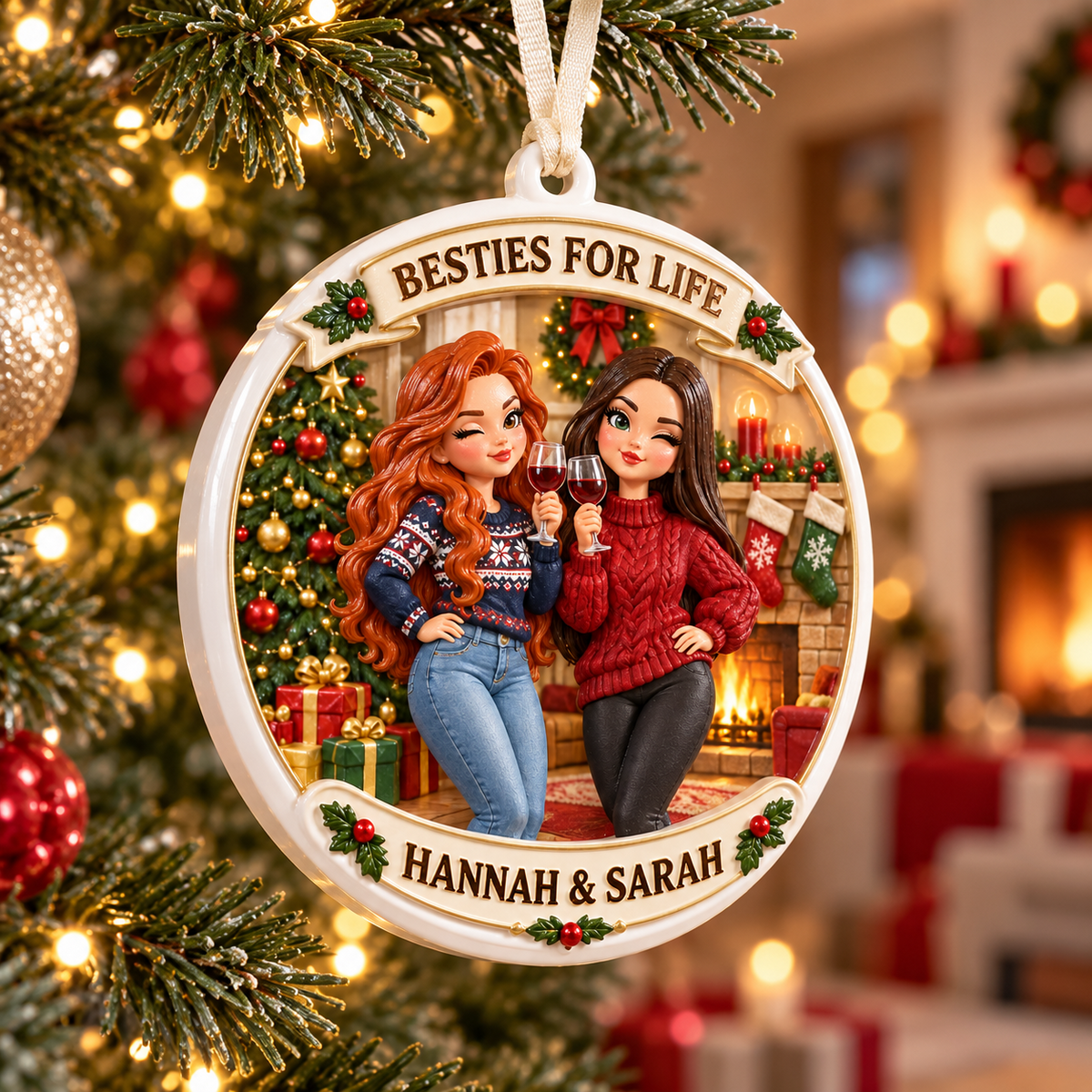 Best Friends Wine By Fireplace Christmas Holiday Medallion - 3D Relief Ornament