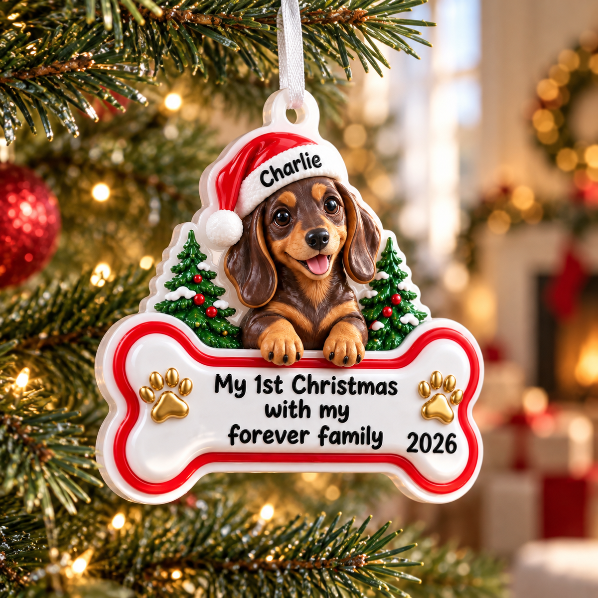 Dachshund Puppy First Christmas Dog Bone Hanging Holiday Tree Plaque - 3D Relief Ornament