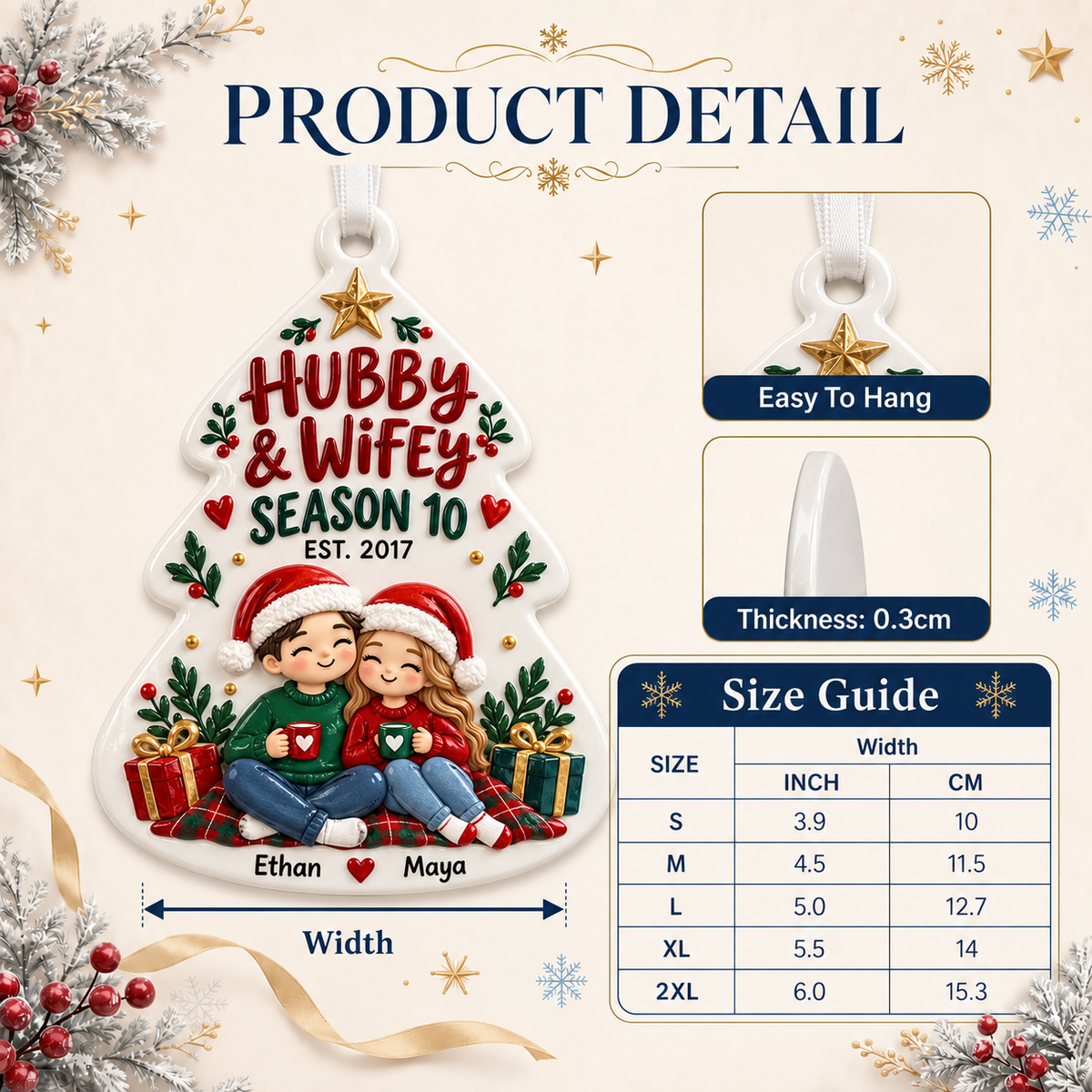 White Hubby and Wifey Christmas Tree Shaped Couple Holiday Keepsake - 3D Relief Ornament