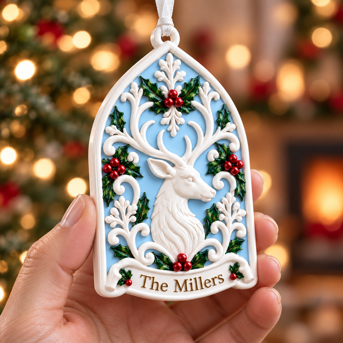 White Stag Deer Arch Acrylic Plaque with Holly Berry Flourish - 3D Relief Ornament