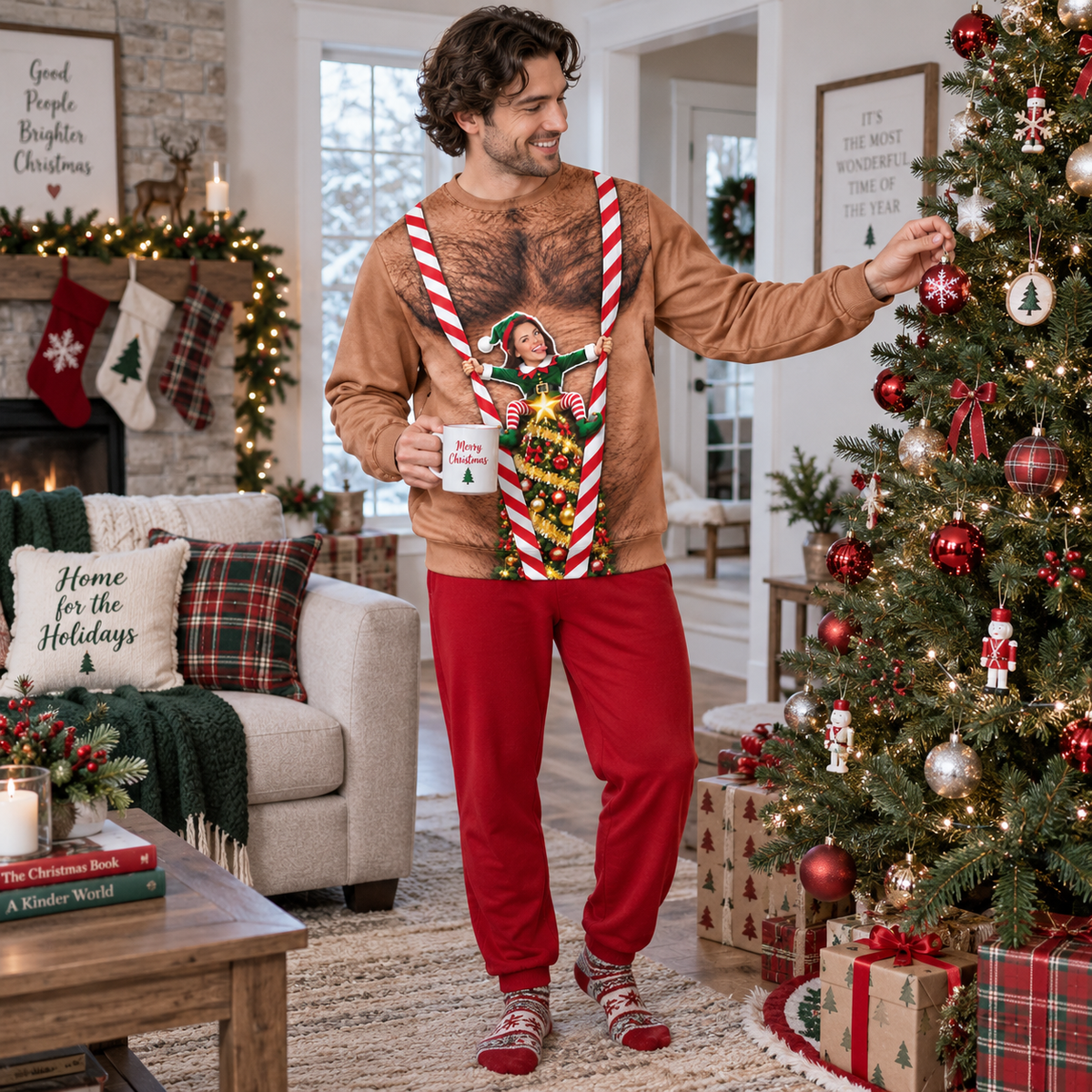 Funny Christmas Sweatshirt, Hairy Chest Elf Graphic Holiday Pullover