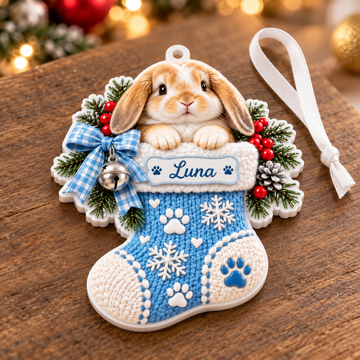 Lop Eared Bunny in Knitted Christmas Stocking Acrylic Holiday Decor - 3D Relief Ornament