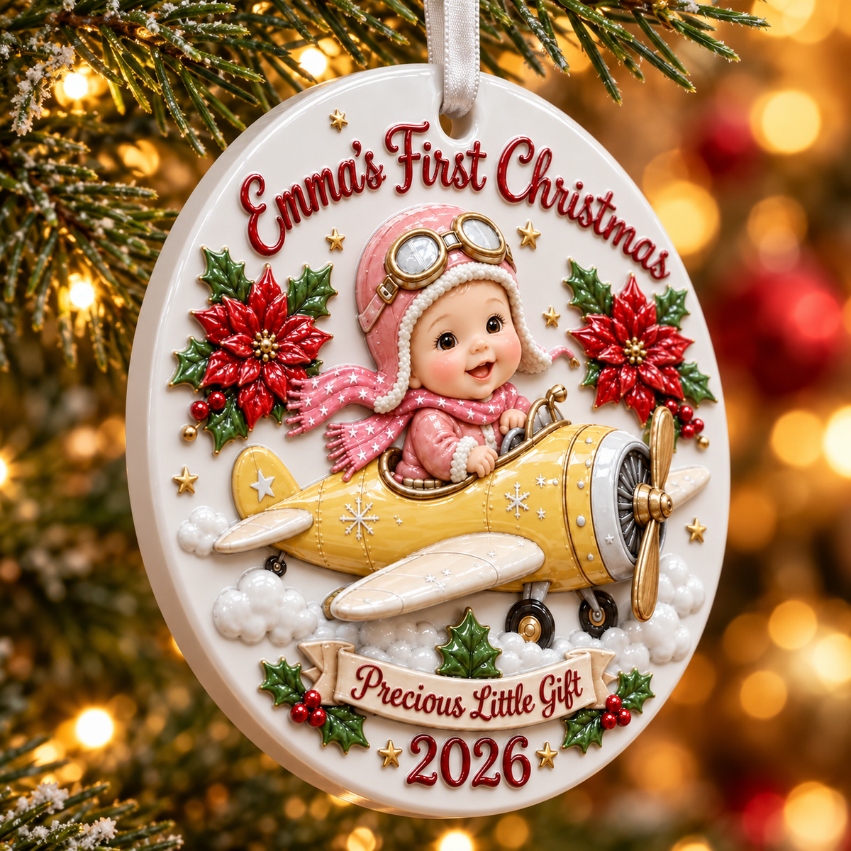 Baby Pilot in Yellow Airplane Holiday Keepsake Disc - 3D Relief Ornament