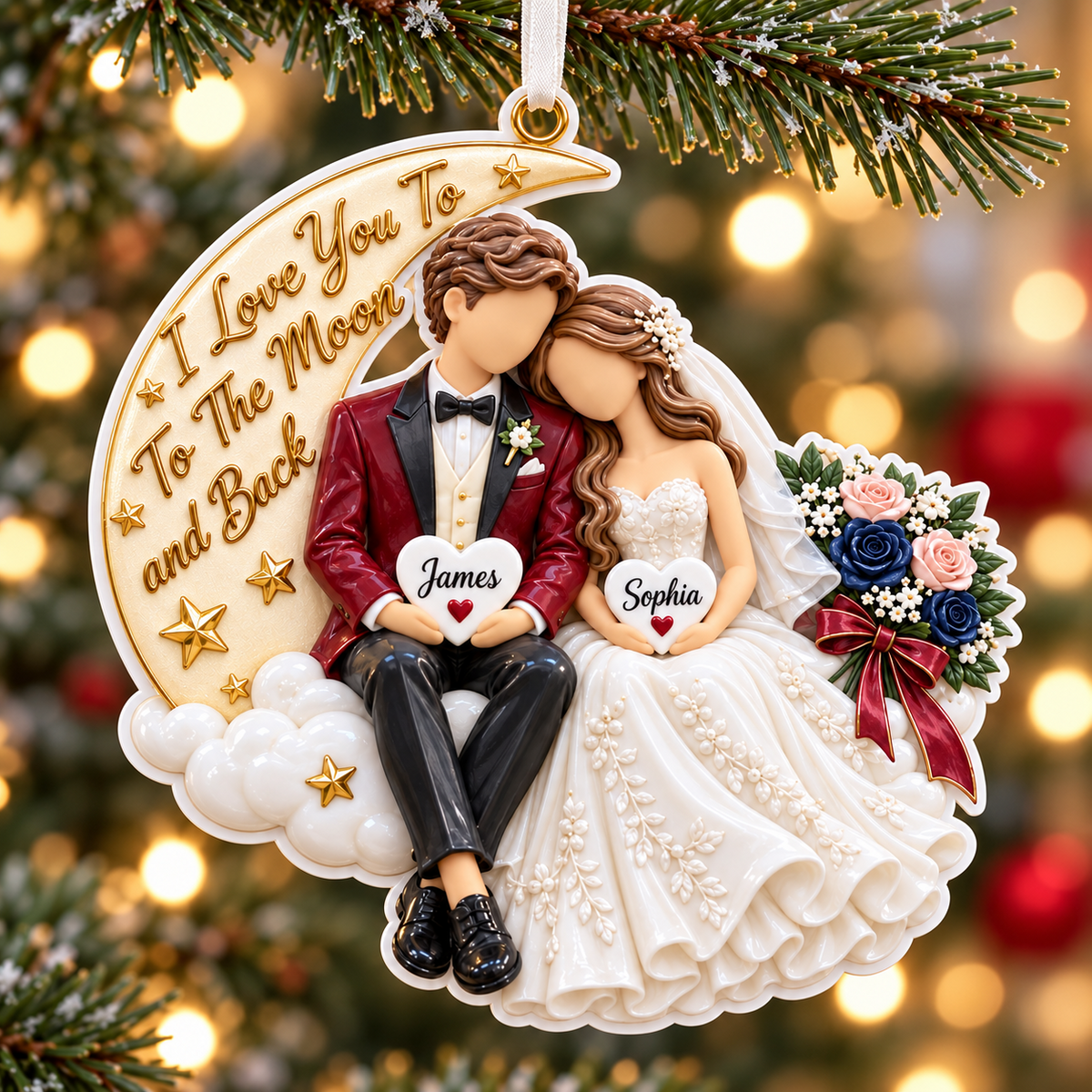 Wedding Couple on Crescent Moon Hanging Keepsake with Floral Bouquet - 3D Relief Ornament