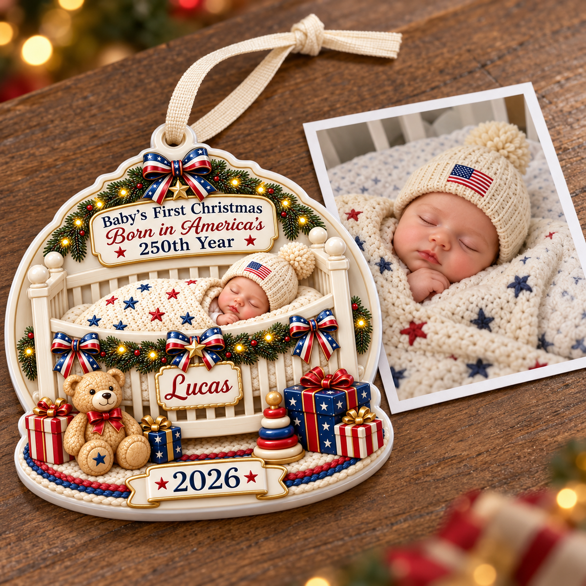 Baby's First Christmas Born in America's 250th Year Patriotic Crib Scene - 3D Relief Ornament