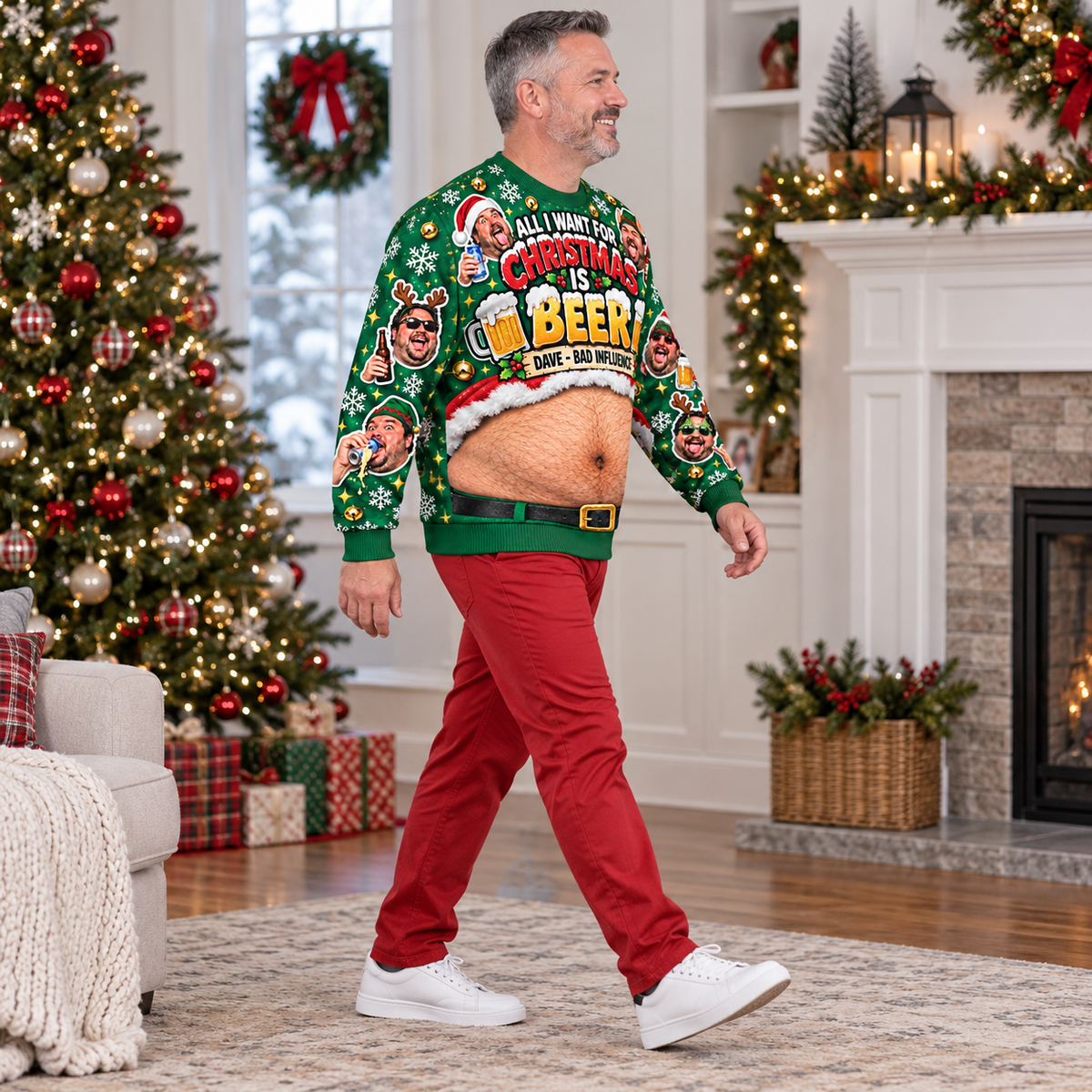 Beer Belly Christmas Sweatshirt Novelty Fake Hairy Stomach Pullover