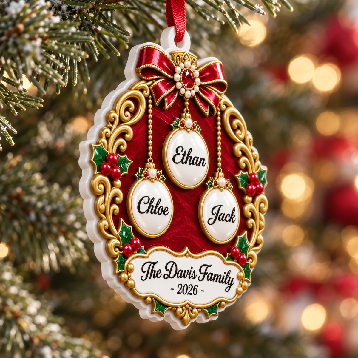 Christmas Family Bauble Medallion in Red and Gold Filigree Scrollwork - 3D Relief Ornament