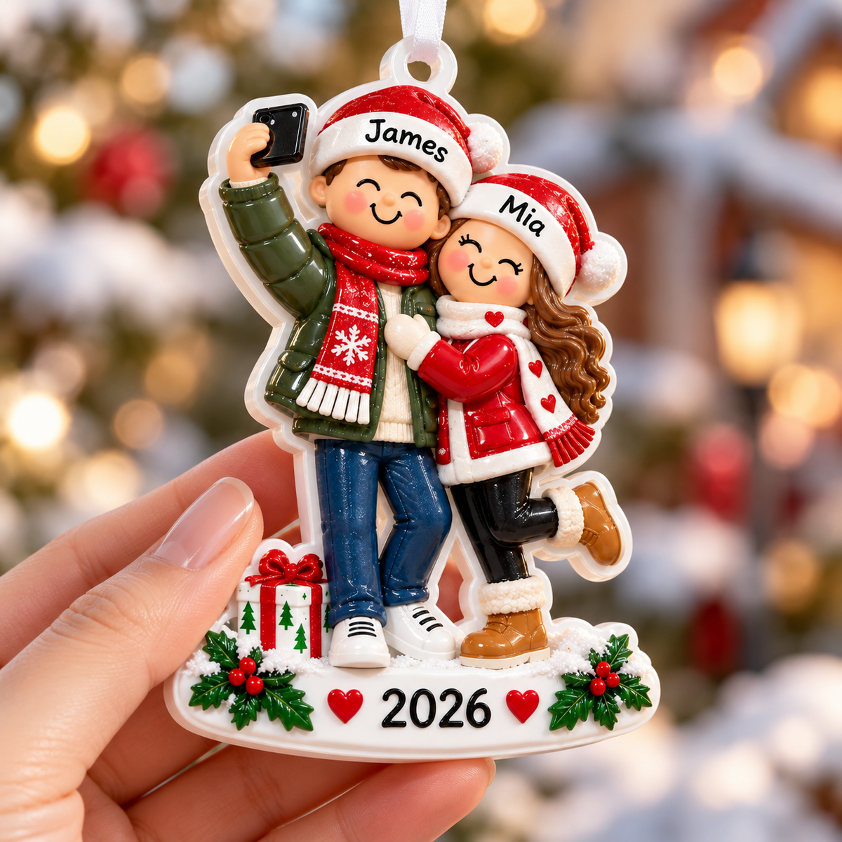 Couple Taking Selfie Christmas Tree Keepsake, Winter Holiday Figurine Hanging - 3D Relief Ornament