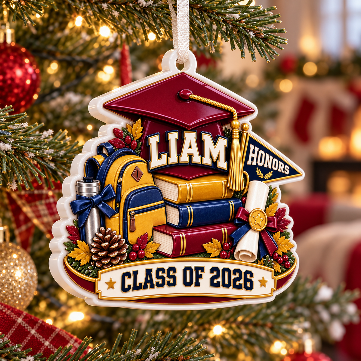 Class of 2026 Academic Graduation Cap and Books Commemorative Keepsake - 3D Relief Ornament
