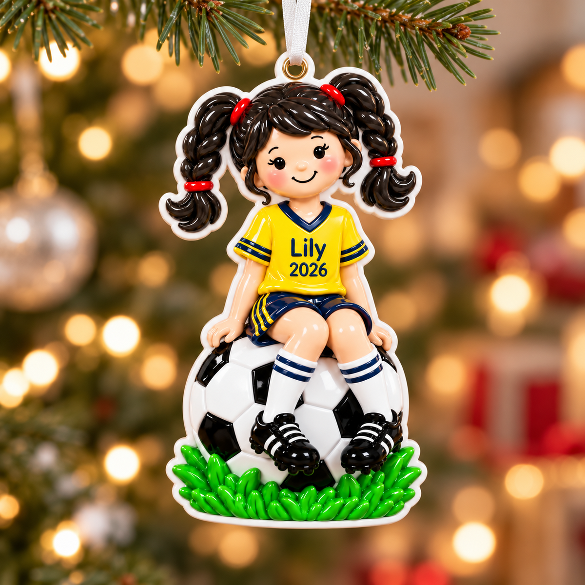 Soccer Player Girl in Yellow Jersey Sitting on Ball Hanging Holiday Keepsake - 3D Relief Ornament