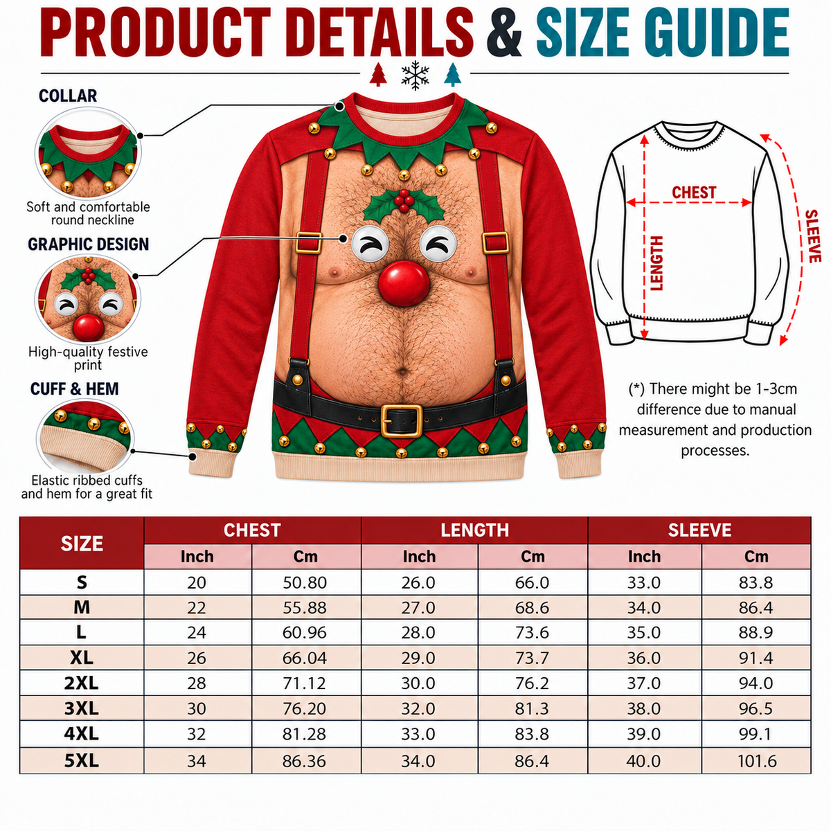 Christmas Sweatshirt Hairy Chest Reindeer Suspenders Pullover