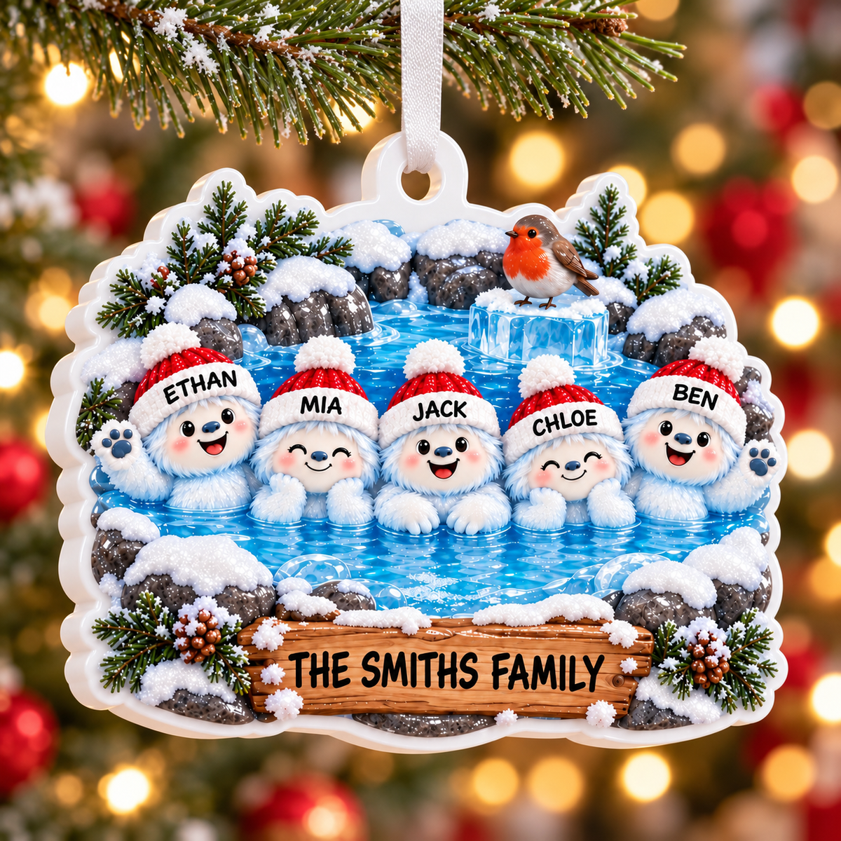 Winter Yeti Family in Hot Spring Acrylic Holiday Bauble - 3D Relief Ornament