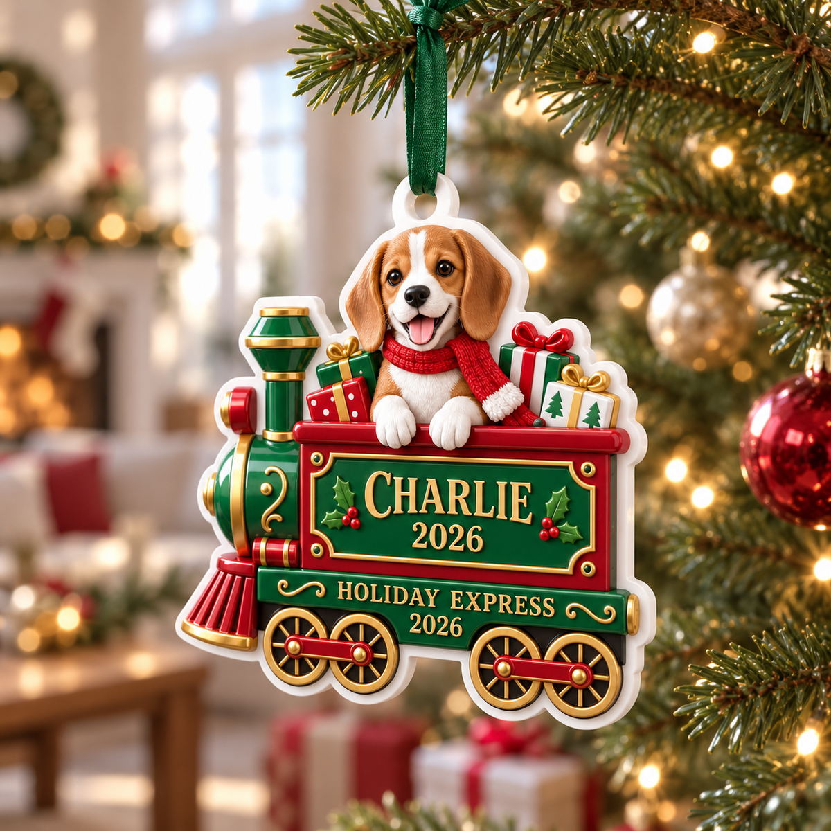 Holiday Express Christmas Train with Stacked Gifts in Green and Red - 3D Relief Ornament