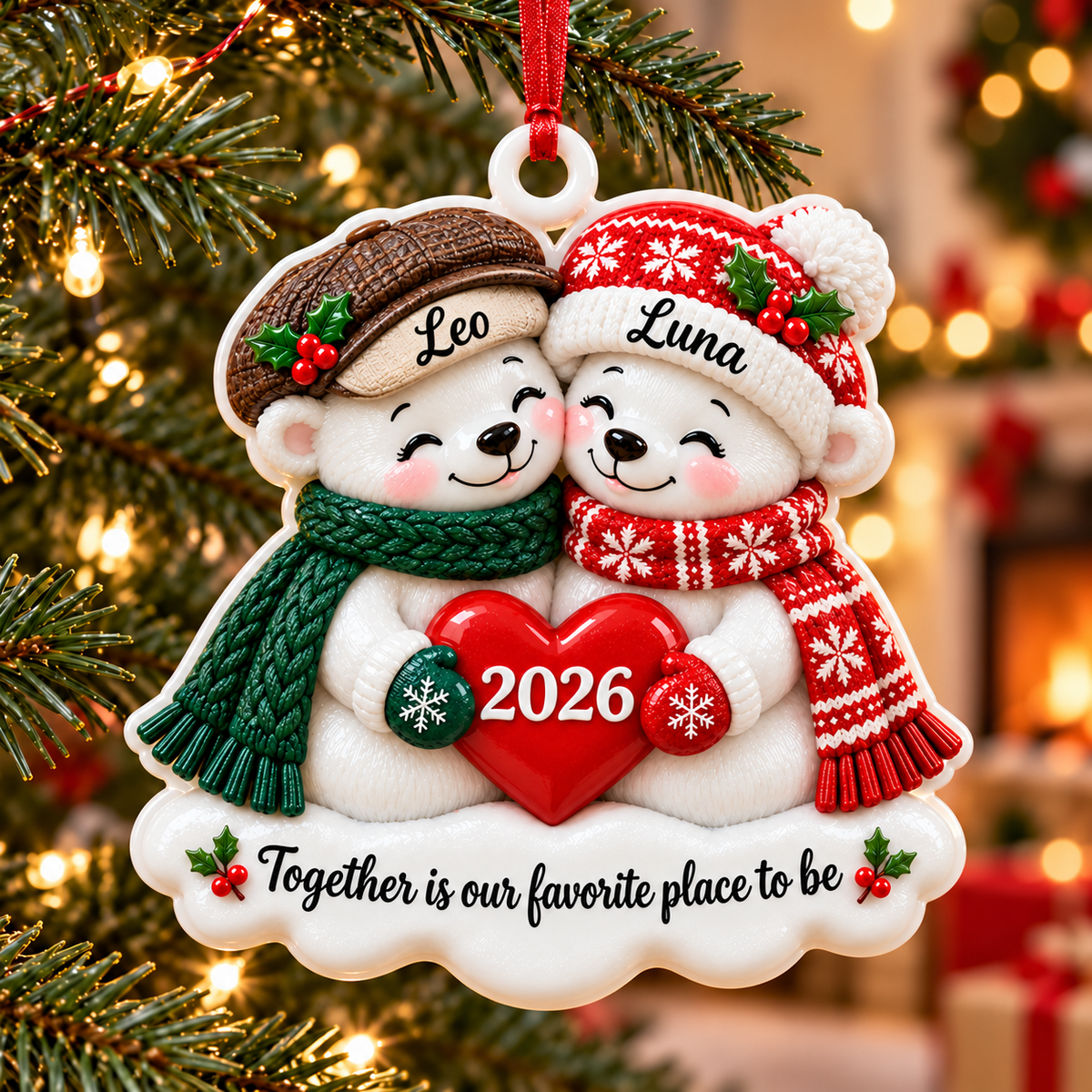 Couple Polar Bears Holding Red Heart Winter Holiday Keepsake - 3D Relief Ornament