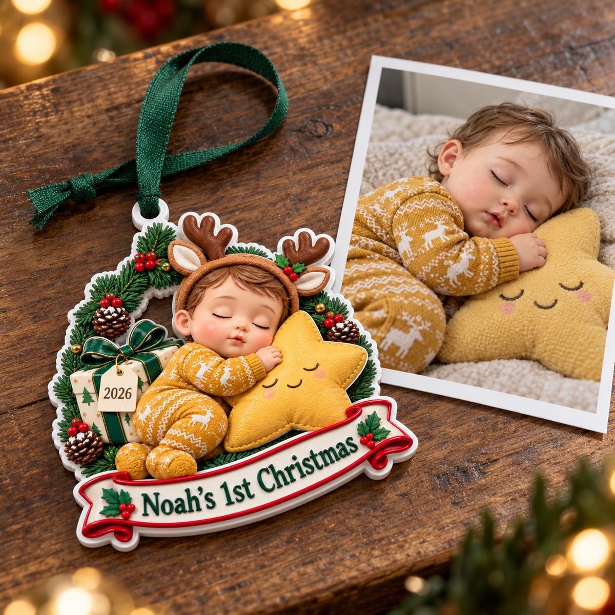 Baby First Christmas Sleeping Infant Reindeer Antlers Star Holiday Keepsake - 3D Relief Ornament
