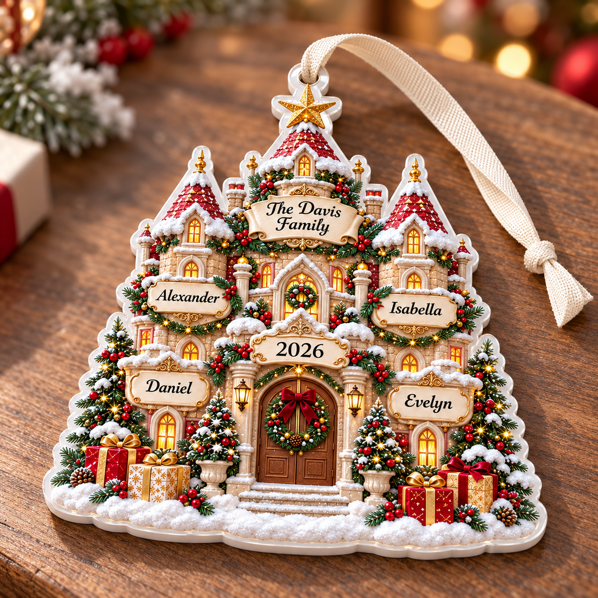 Snowy Christmas Castle Acrylic Hanging Keepsake - 3D Relief Ornament