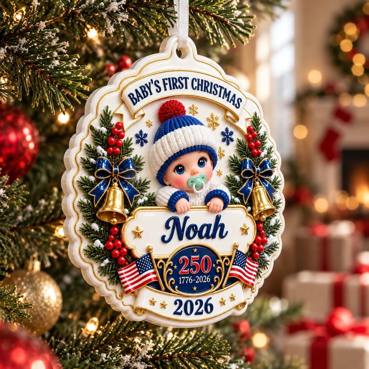 Baby's First Christmas 2026 Patriotic America 250 Hanging Plaque - 3D Relief Ornament