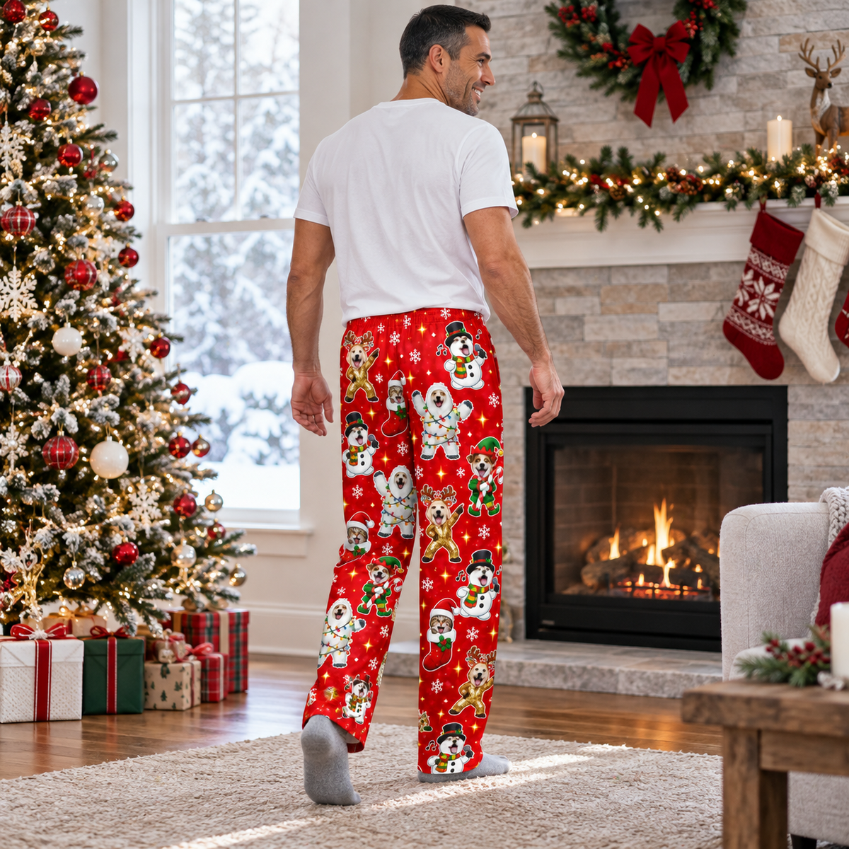 Christmas Pajama Pants Dog Pattern Holiday Loungewear Trousers