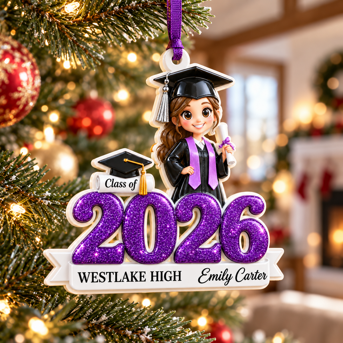 Graduate Girl Class of 2026 Purple Glitter Cap and Gown Keepsake - 3D Relief Ornament