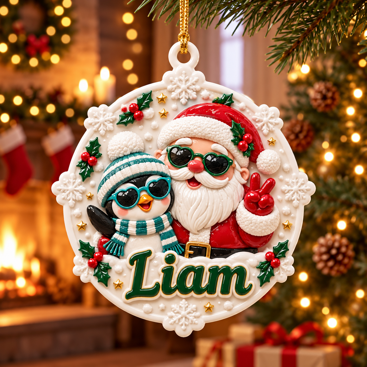 Santa Claus and Penguin Snowflake Holiday Medallion - 3D Relief Ornament