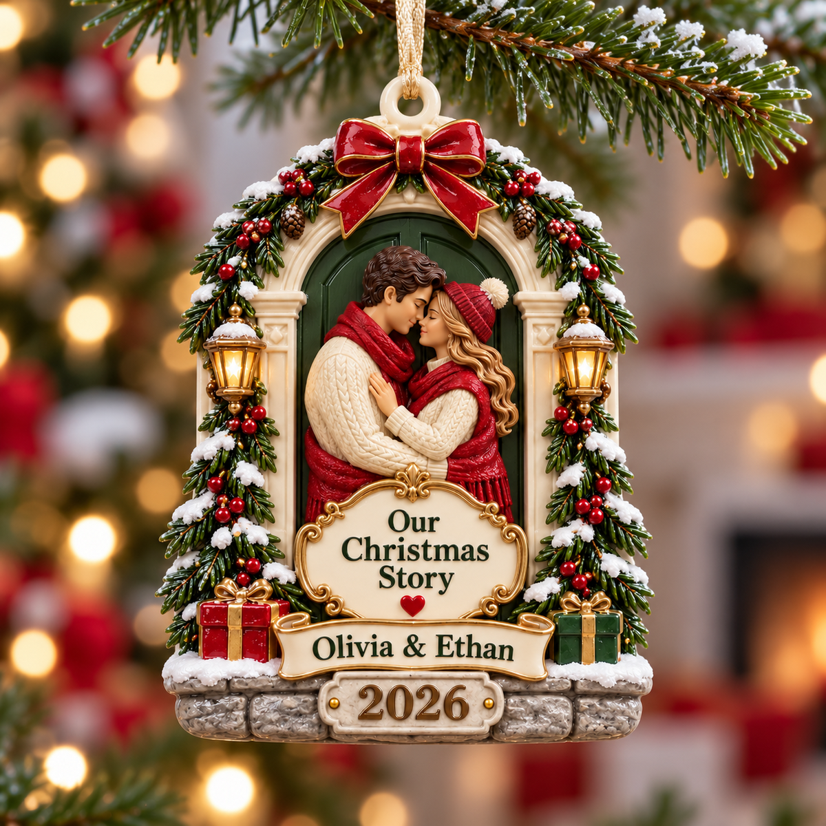 Winter Couple Holiday Doorway Plaque with Ribbon - 3D Relief Ornament
