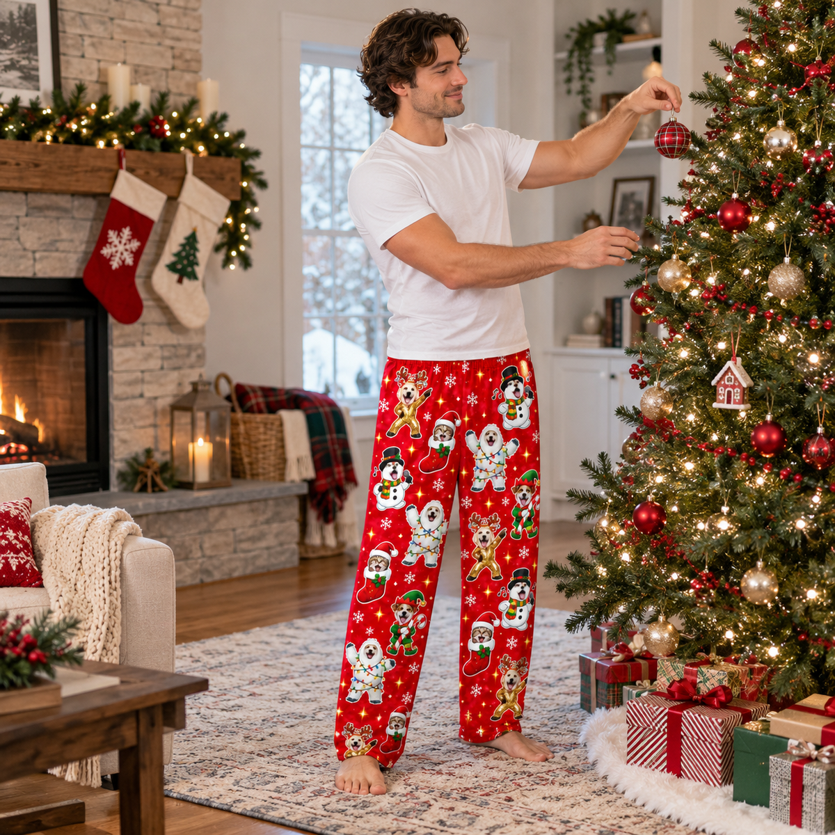 Christmas Pajama Pants Dog Pattern Holiday Loungewear Trousers