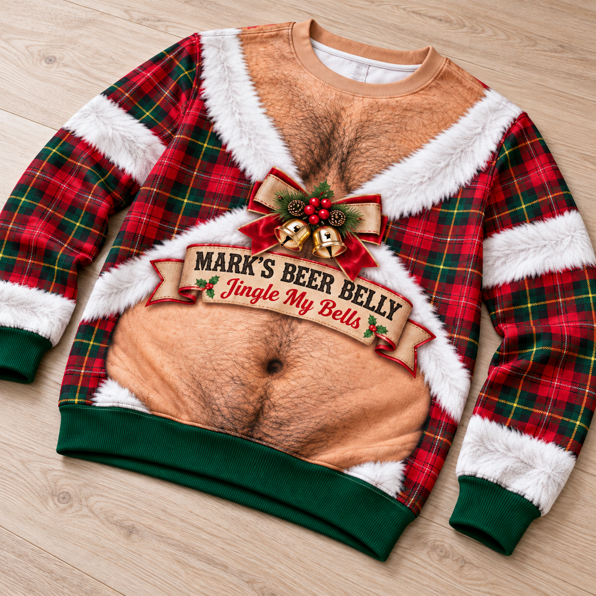Funny Christmas Sweatshirt Hairy Chest Beer Belly Plaid Pullover