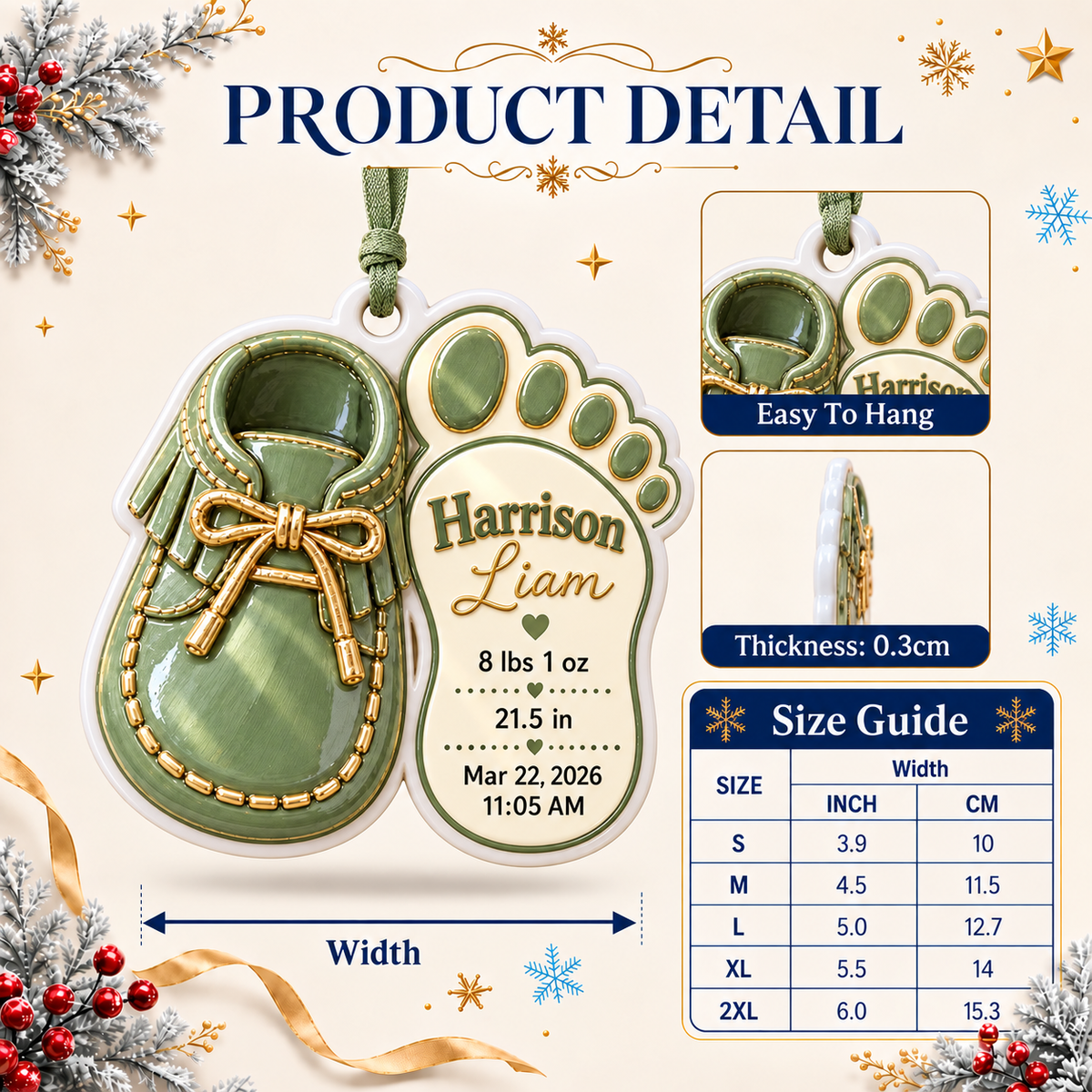 Baby Bootie Shoe and Footprint Birth Announcement Keepsake, Sage Green Holiday Decor - 3D Relief Ornament