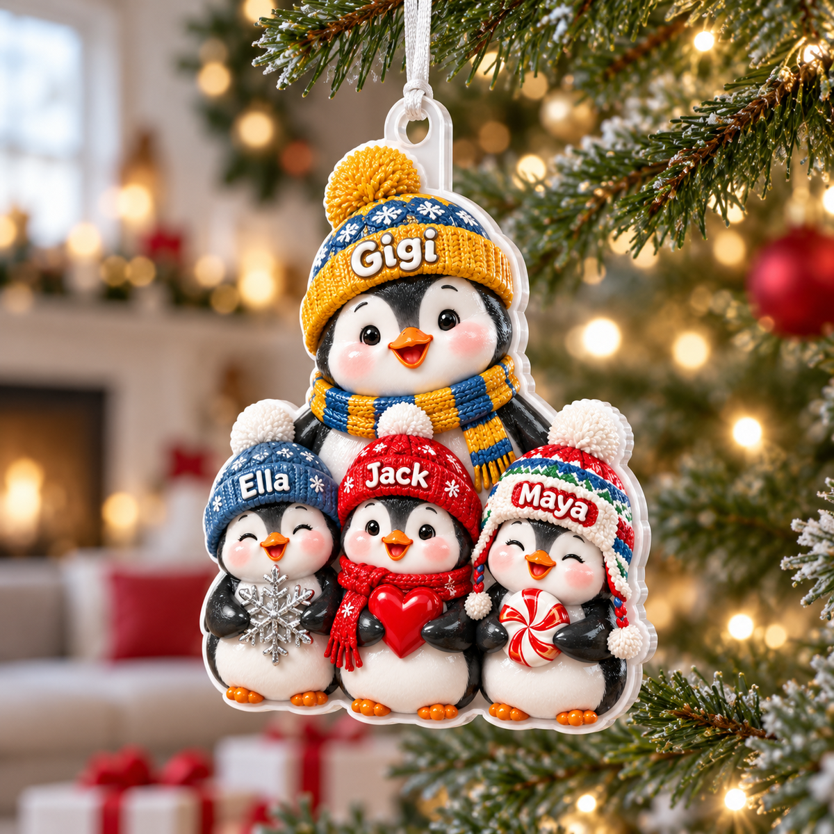 Winter Penguin Family with Knit Beanies Hanging Acrylic Holiday Accent - 3D Relief Ornament