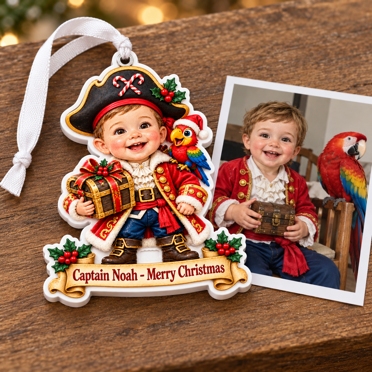 Little Pirate Boy with Parrot and Treasure Chest Acrylic Hanging Holiday - 3D Relief Ornament