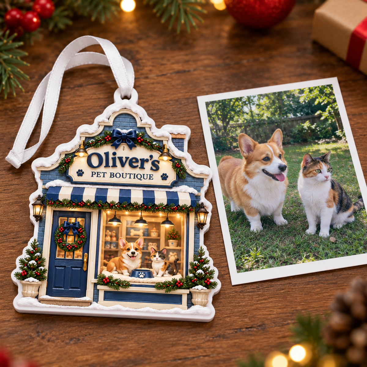 Christmas Pet Boutique Storefront Hanging Holiday Keepsake - 3D Relief Ornament
