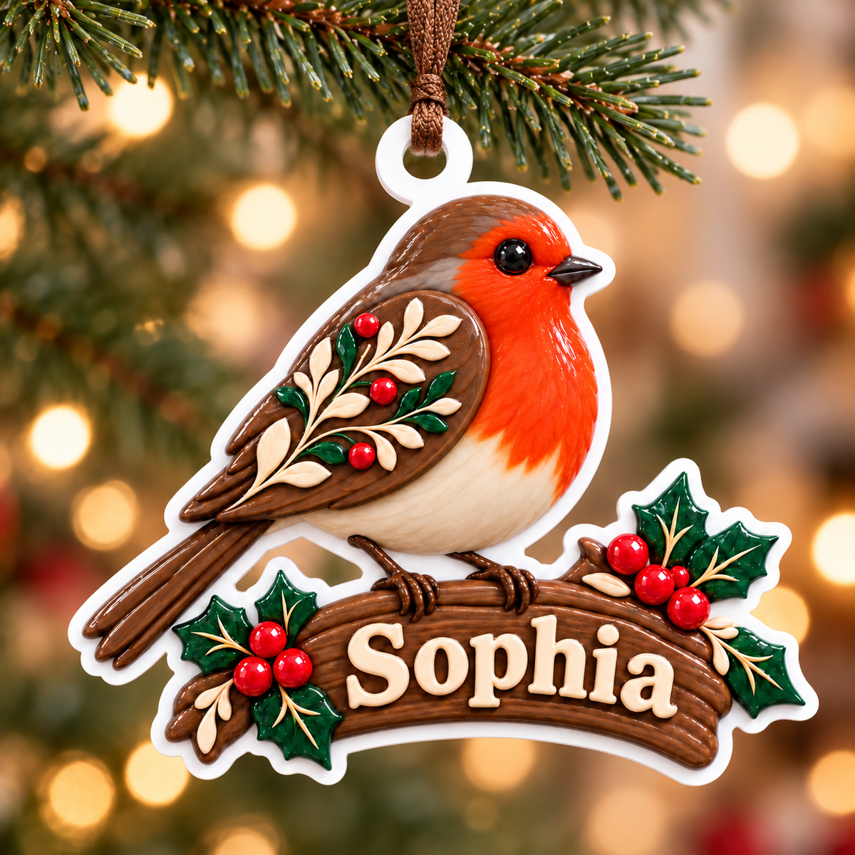 Robin Redbreast on Holly Branch Acrylic Hanging Holiday Keepsake - 3D Relief Ornament