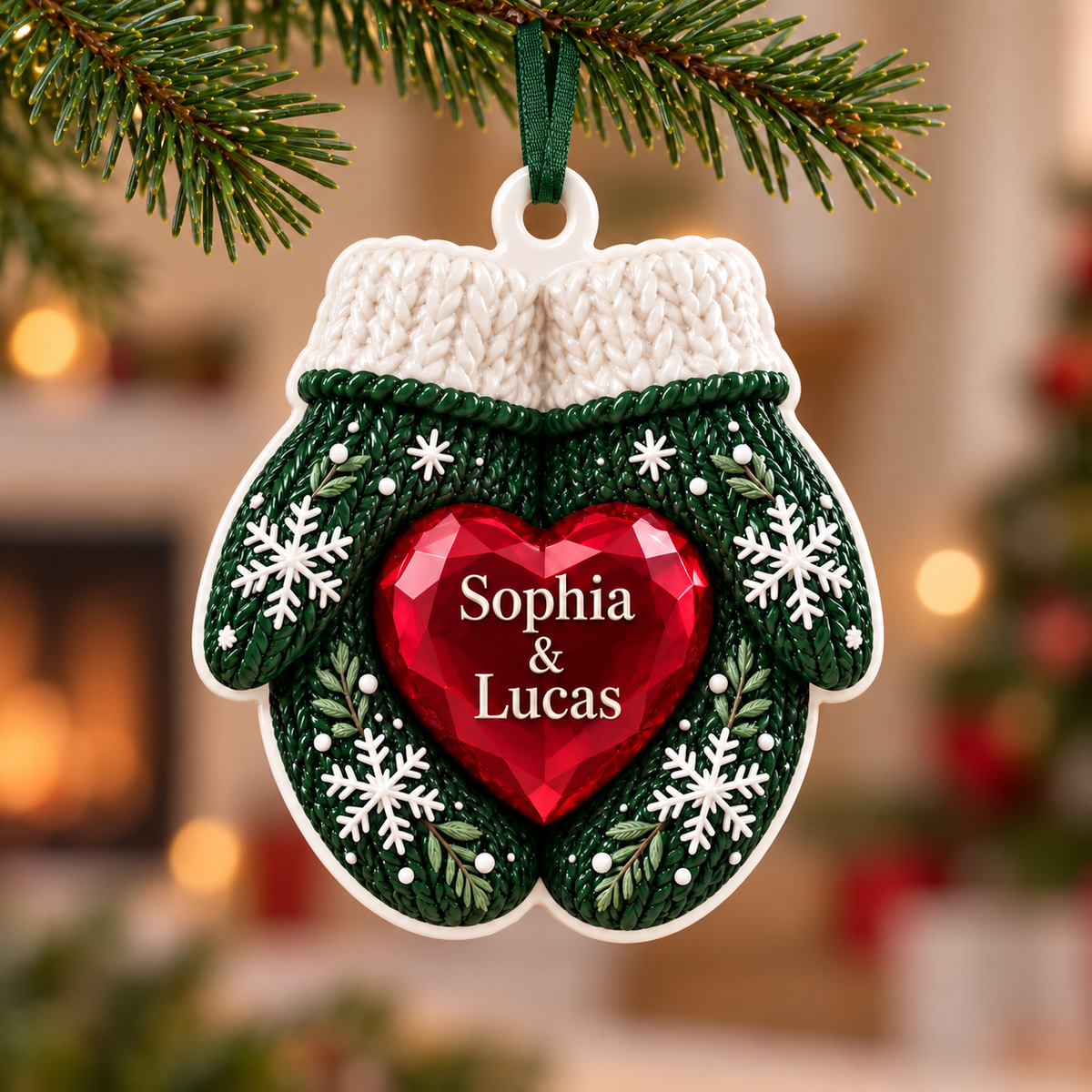Winter Mittens with Red Gem Heart Christmas Tree Decoration - 3D Relief Ornament