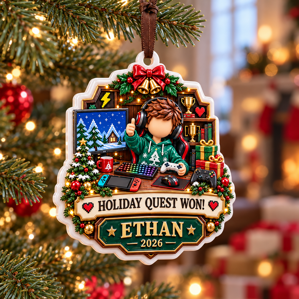Video Gamer Holiday Quest Boy at Computer Desk Tree Decoration - 3D Relief Ornament