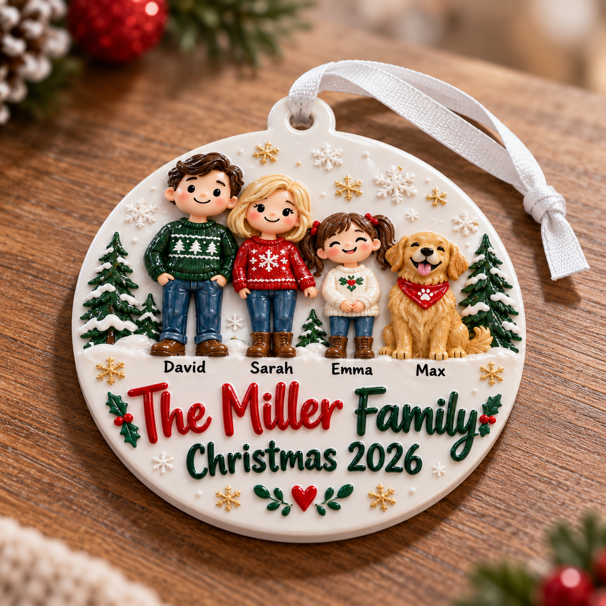 Family of Three with Dog Ceramic Round Holiday Keepsake - 3D Relief Ornament