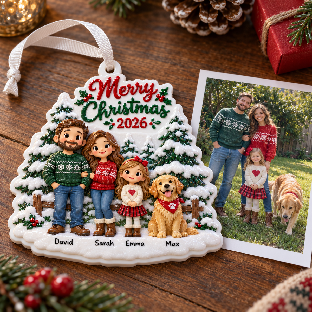 Family of Three with Dog Snowy Pine Tree Hanging Holiday Keepsake - 3D Relief Ornament