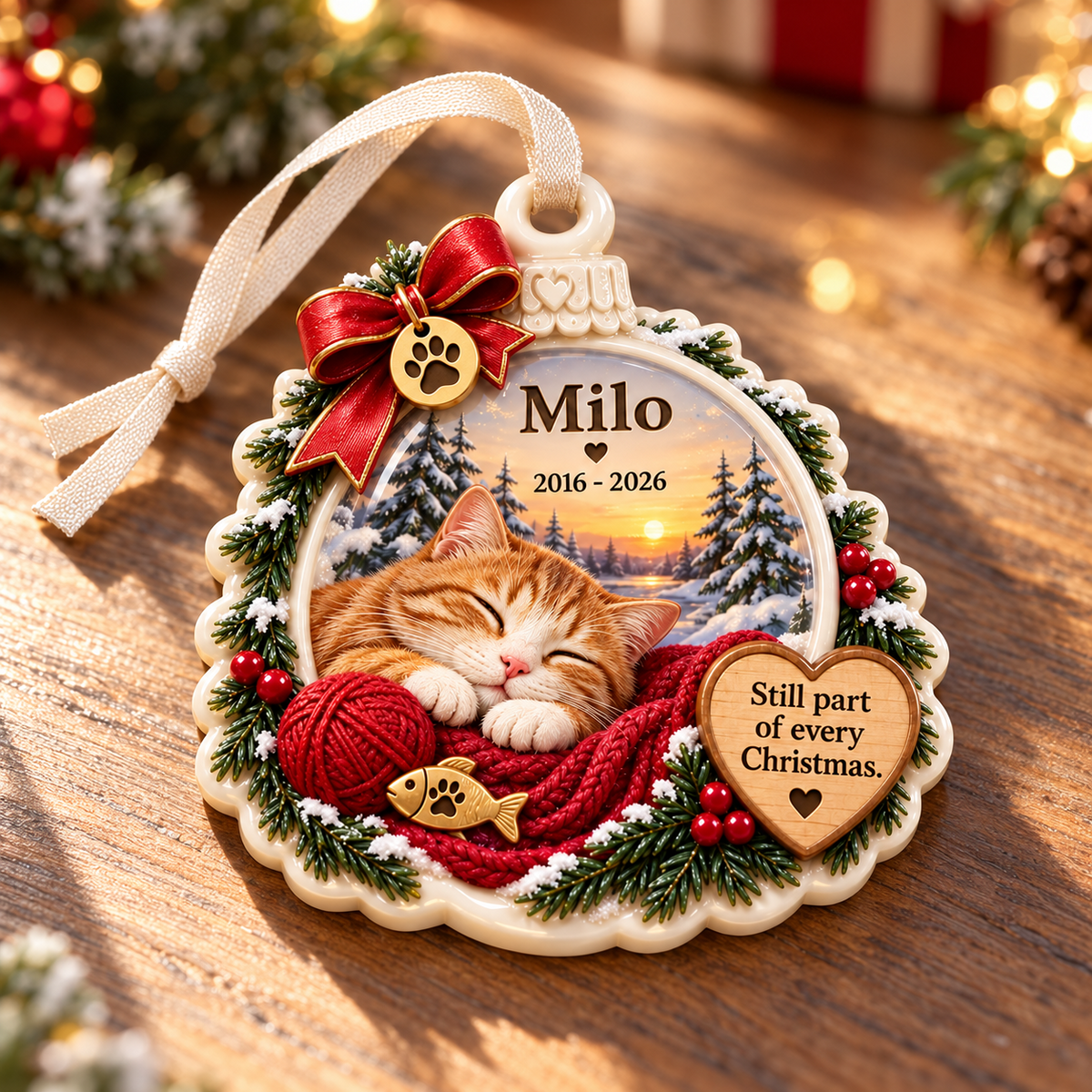 Sleeping Orange Tabby Cat Memorial Holiday Keepsake with Pine Wreath - 3D Relief Ornament