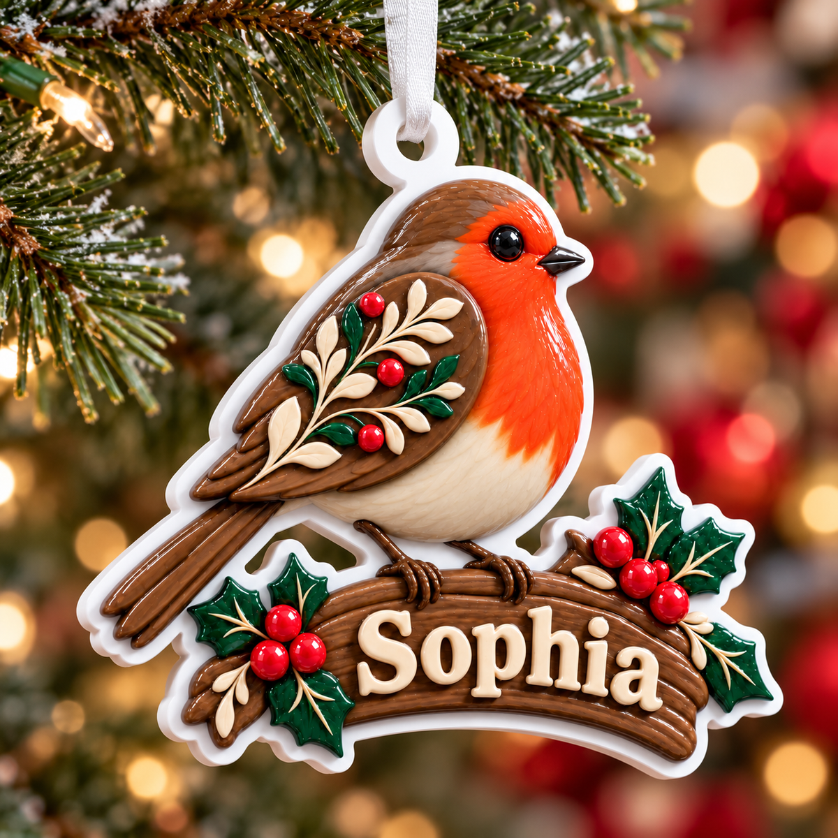 Robin Redbreast on Holly Branch Acrylic Hanging Holiday Keepsake - 3D Relief Ornament