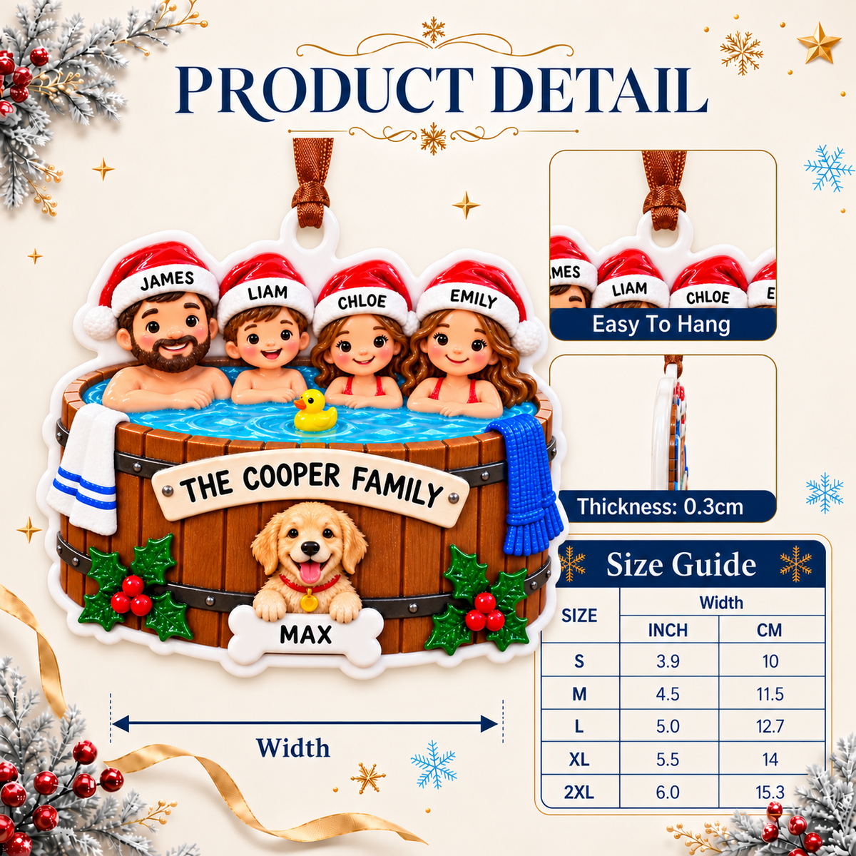 Family of 4 with Dog in Hot Tub Holiday Keepsake - 3D Relief Ornament