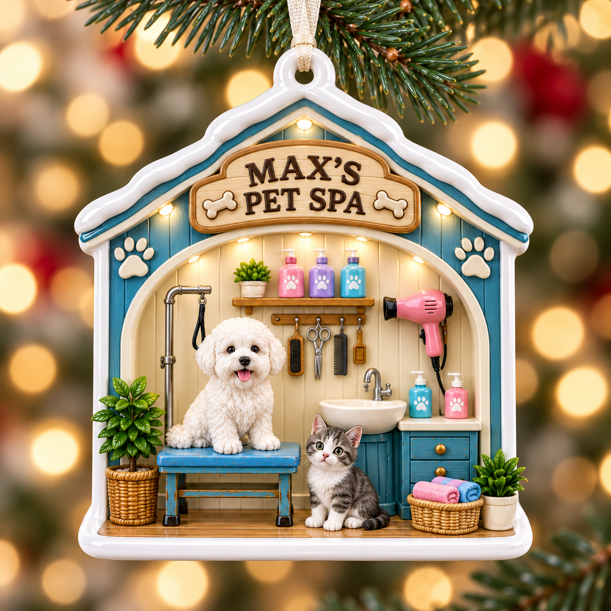 Pet Grooming Salon Scene Hanging Dog and Cat Spa Decor - 3D Relief Ornament